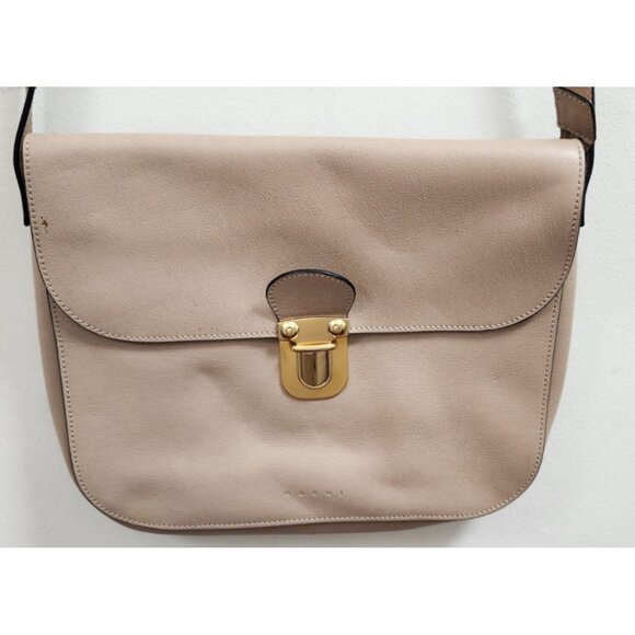 Marni Beige Leather Pushlock Saddle Shoulder Crossbody Bag Adjustable Strap - Picture 4 of 16